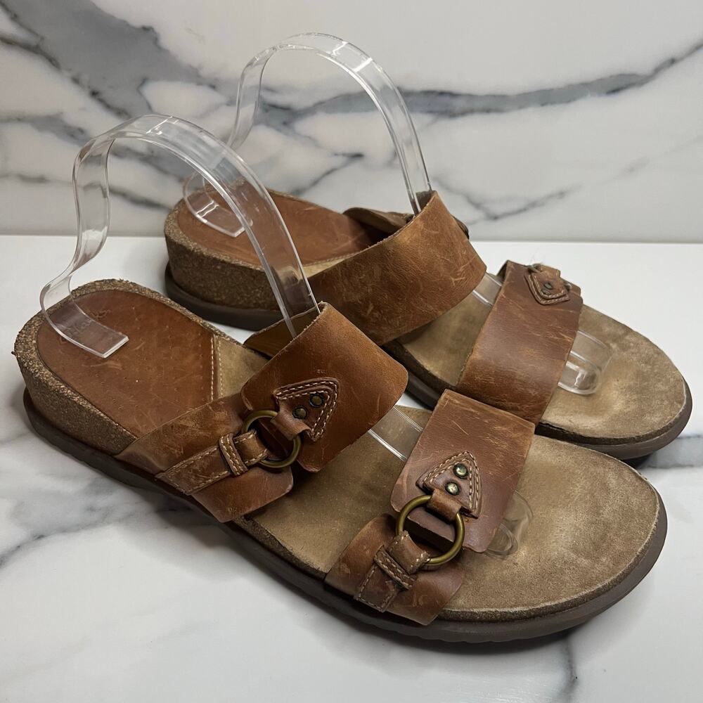 Clarks Women's Brown Leather Strappy Cork Wedge Comfort Sandals Sz 11 Outdoors